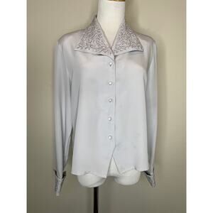 Vintage Gray Blouse Embroidered Beaded Open Collar Sz 8